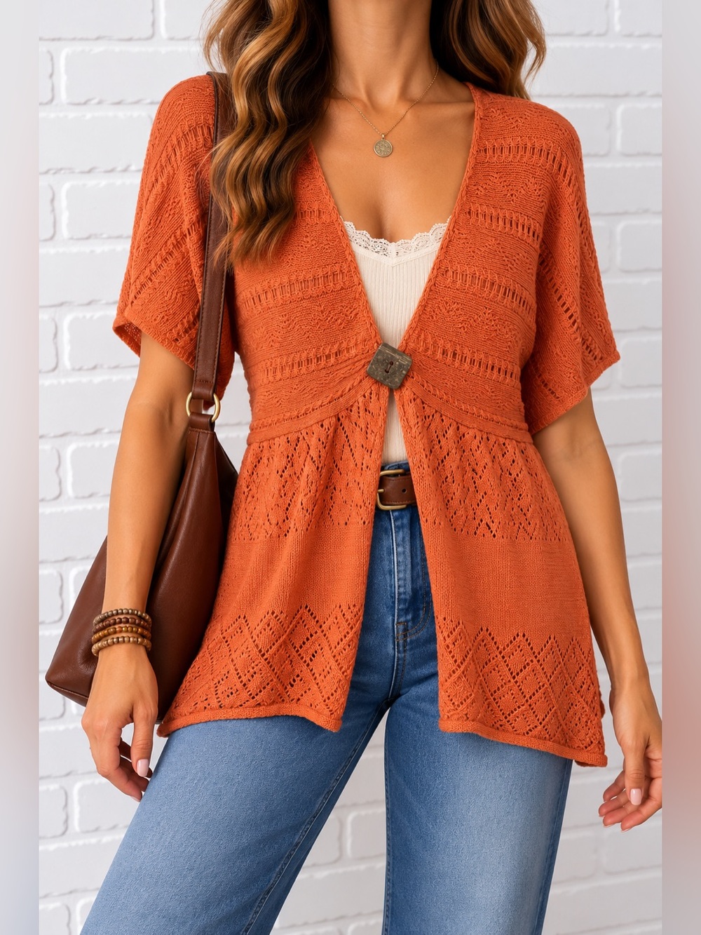Vintage Y2K Coldwater Creek Orange Cotton Ramie Open Knit Sweater S